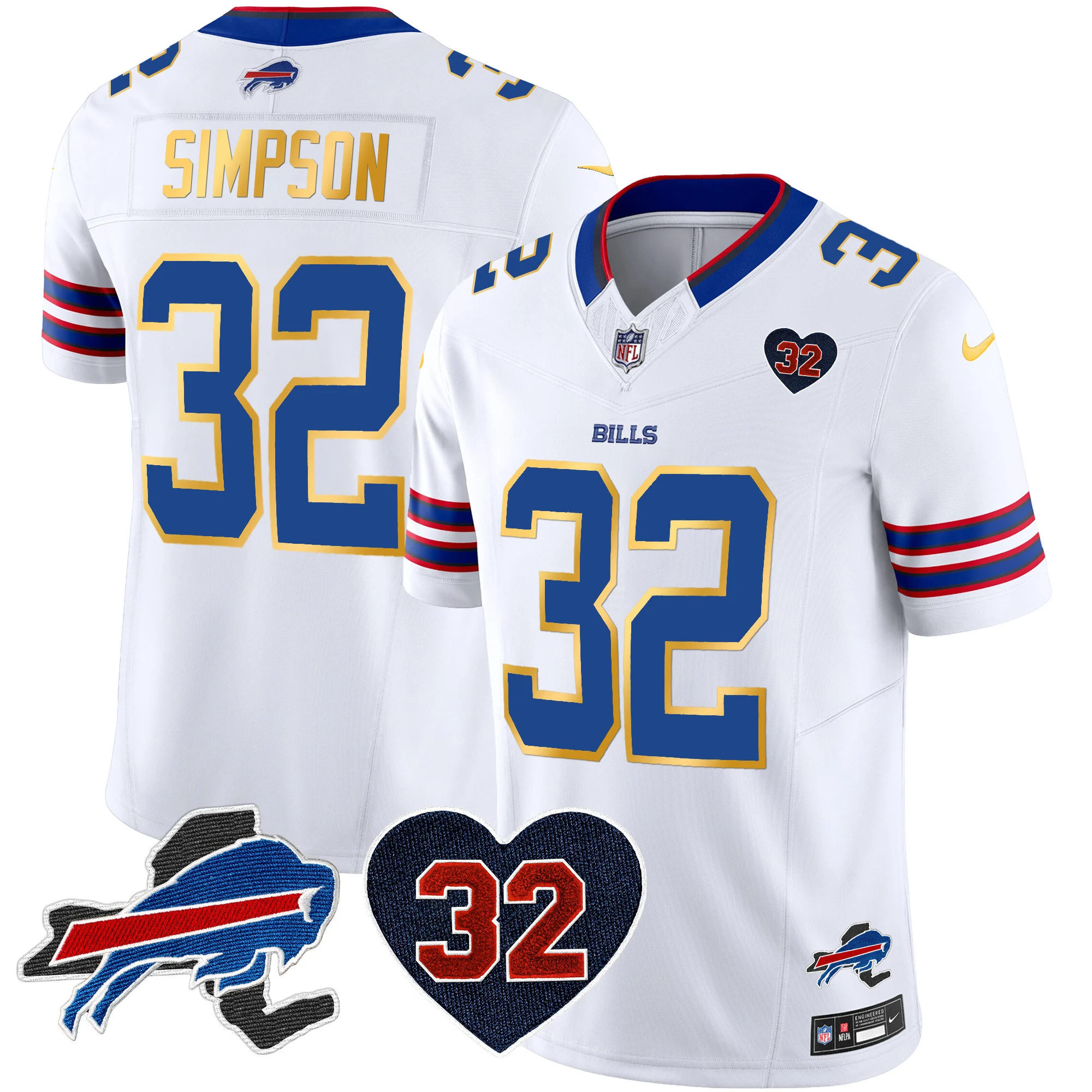 Mens Buffalo Bills OJ Simpson Patch Gold Trim Vapor Limited Jersey OJ Simpson Jersey White