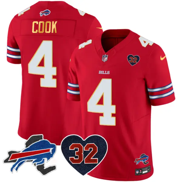 Mens Buffalo Bills OJ Simpson Patch Gold Trim Vapor Limited Jersey James Cook Jersey Red
