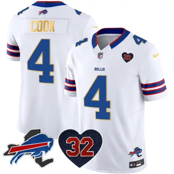 Mens Buffalo Bills OJ Simpson Patch Gold Trim Vapor Limited Jersey James Cook Jersey White