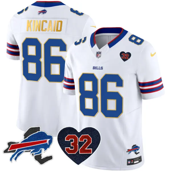 Mens Buffalo Bills OJ Simpson Patch Gold Trim Vapor Limited Jersey Dalton Kincaid Jersey White