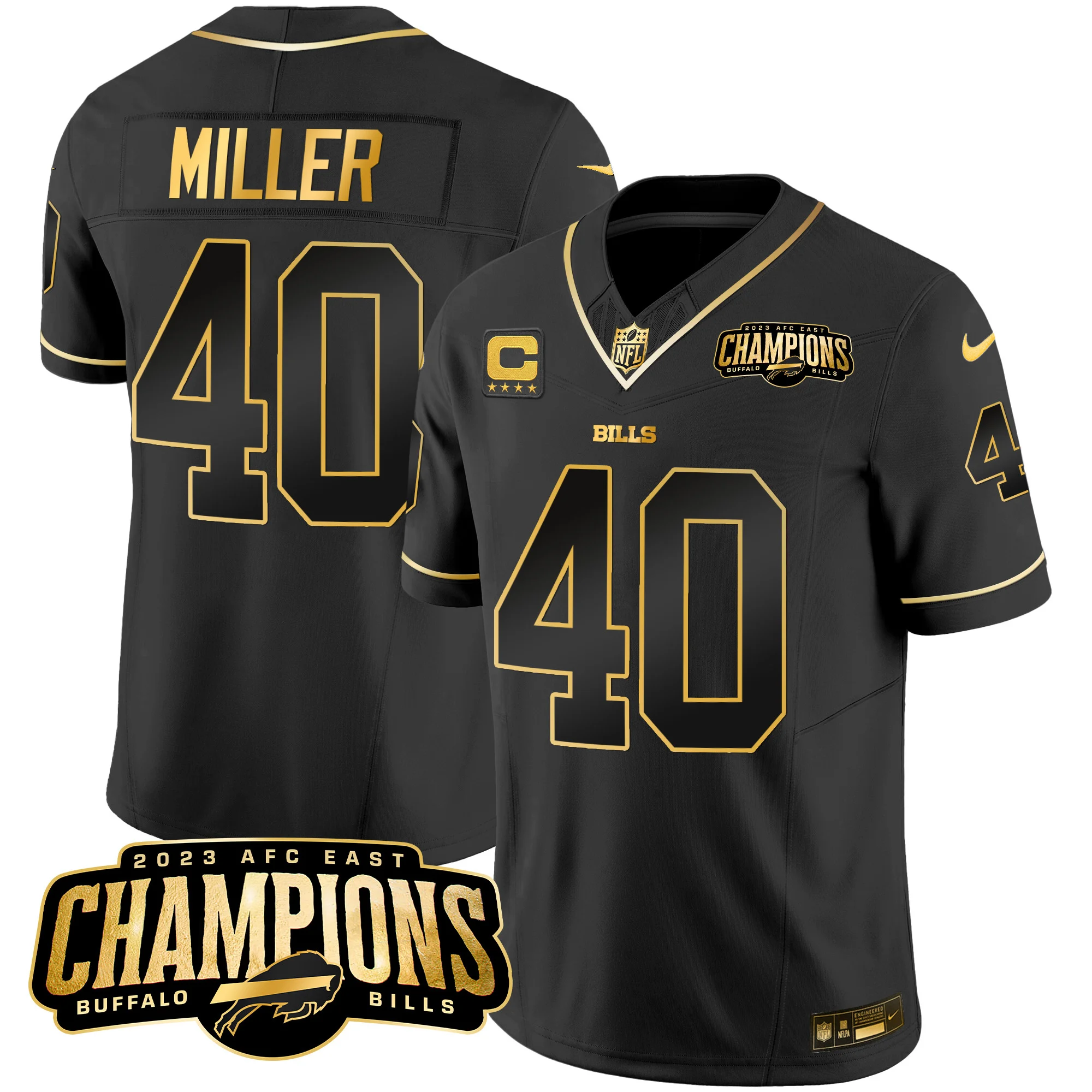 Mens Buffalo Bills 2023 AFC East Champions Patch Gold Vapor Jersey Von Miller Jersey Black Gold