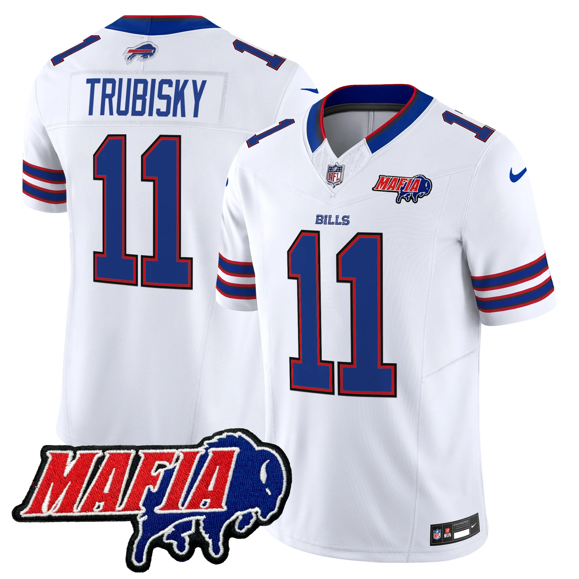 Mens Buffalo Bills 2024 Buffalo Bills Mafia Patch Vapor Limited Jersey Mitchell Trubisky Jersey White