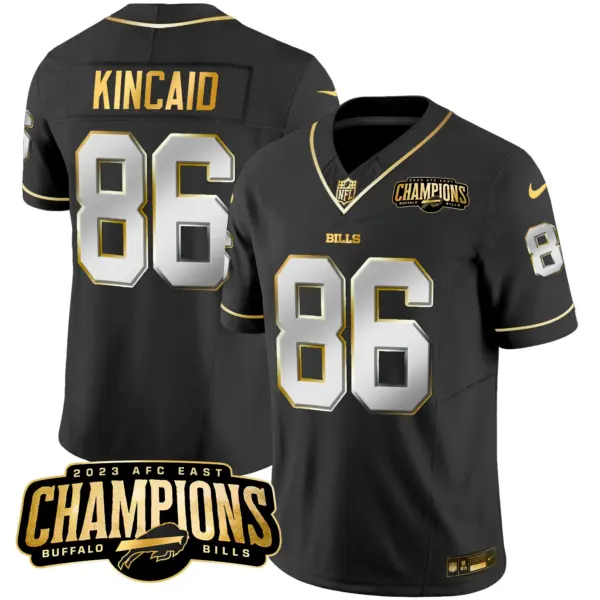 Mens Buffalo Bills 2023 AFC East Champions Patch Gold Vapor Jersey Dalton Kincaid Jersey Black Limited