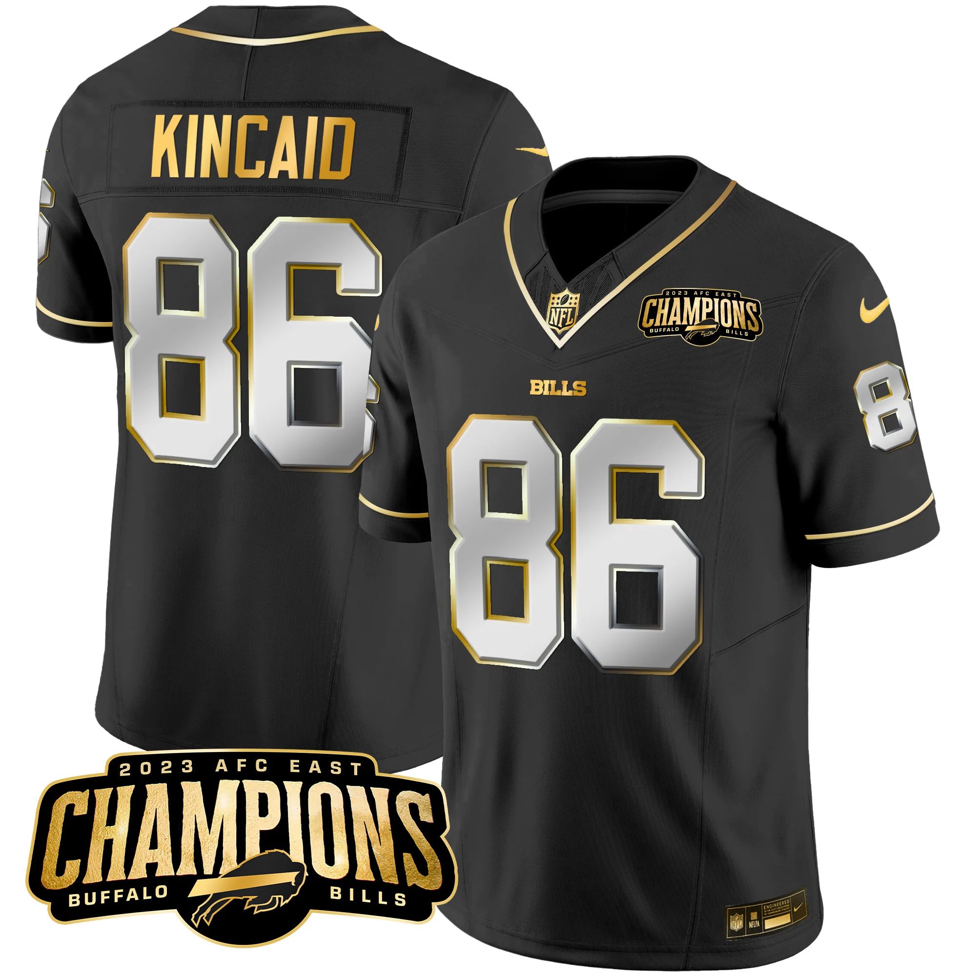 Mens Buffalo Bills 2023 AFC East Champions Patch Gold Vapor Jersey Dalton Kincaid Jersey Black Limited