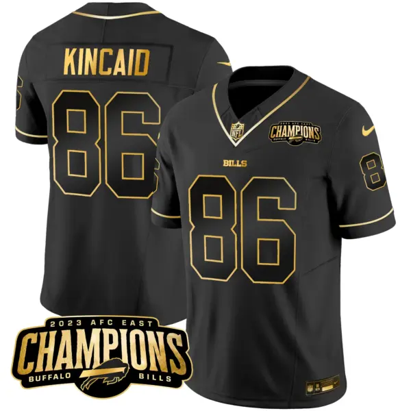 Mens Buffalo Bills 2023 AFC East Champions Patch Gold Vapor Jersey Dalton Kincaid Jersey Black Gold