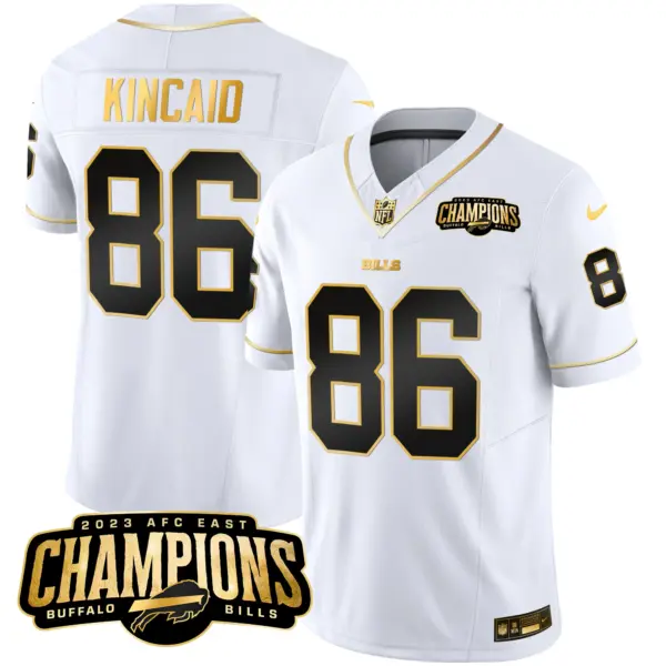 Mens Buffalo Bills 2023 AFC East Champions Patch Gold Vapor Jersey Dalton Kincaid Jersey White Gold