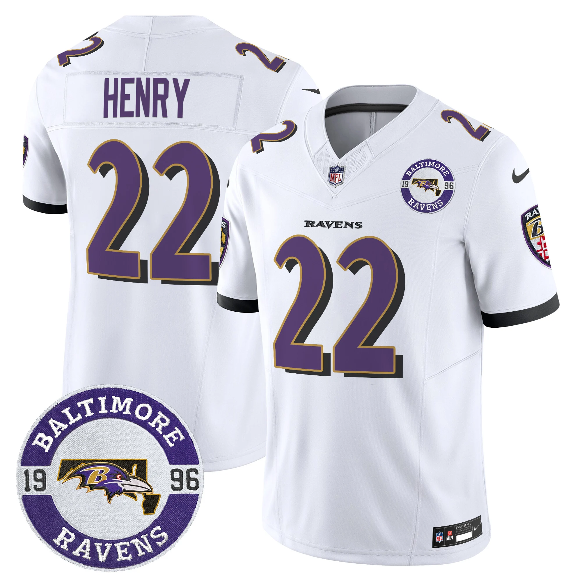 Mens Baltimore Ravens Maryland Patch Vapor Limited Jersey Est 1996 Patch Derrick Henry Jersey White
