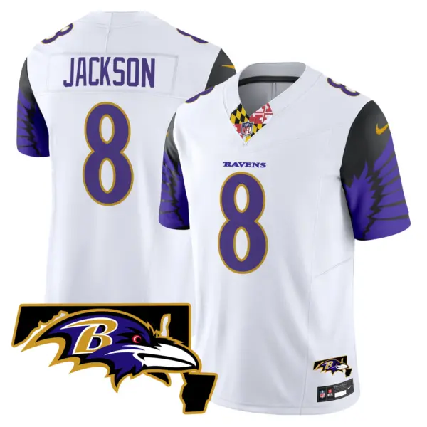 Mens Baltimore Ravens Maryland Patch Vapor Limited Jersey V2 Lamar Jackson Jersey White