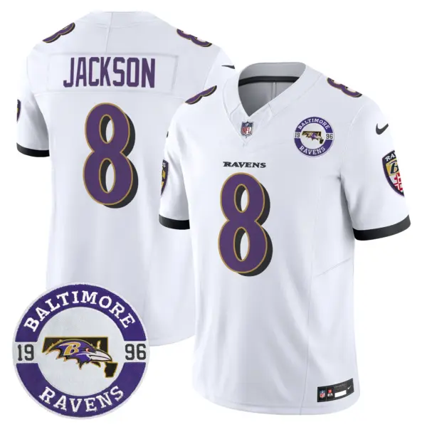 Mens Baltimore Ravens Maryland Patch Vapor Limited Jersey Est 1996 Patch Lamar Jaclson Jersey White