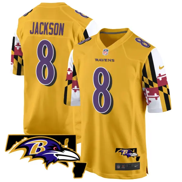 Mens Baltimore Ravens Maryland Flag Game Jersey Lamar Jackson Jersey Gold