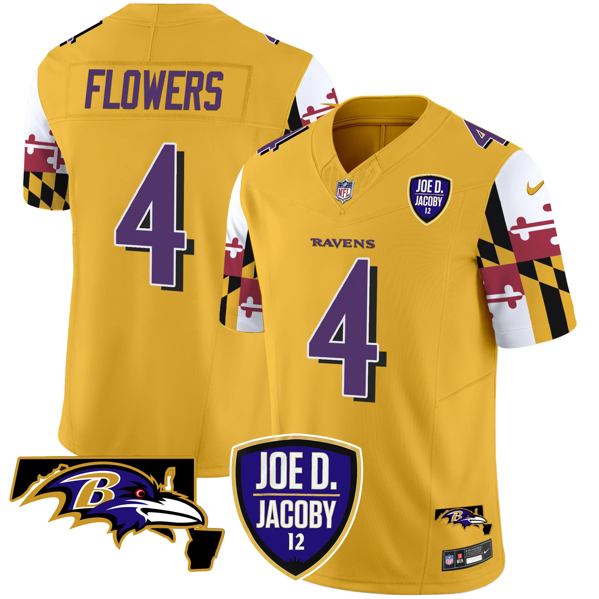 Mens Baltimore Ravens Joe D Jacoby Patch Vapor Limited Jersey V2 Zay Flowers Jersey Gold
