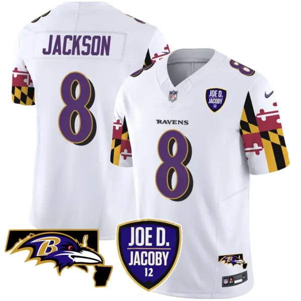 Mens Baltimore Ravens Joe D Jacoby Patch Vapor Limited Jersey V2 Lamar Jackson Jersey White