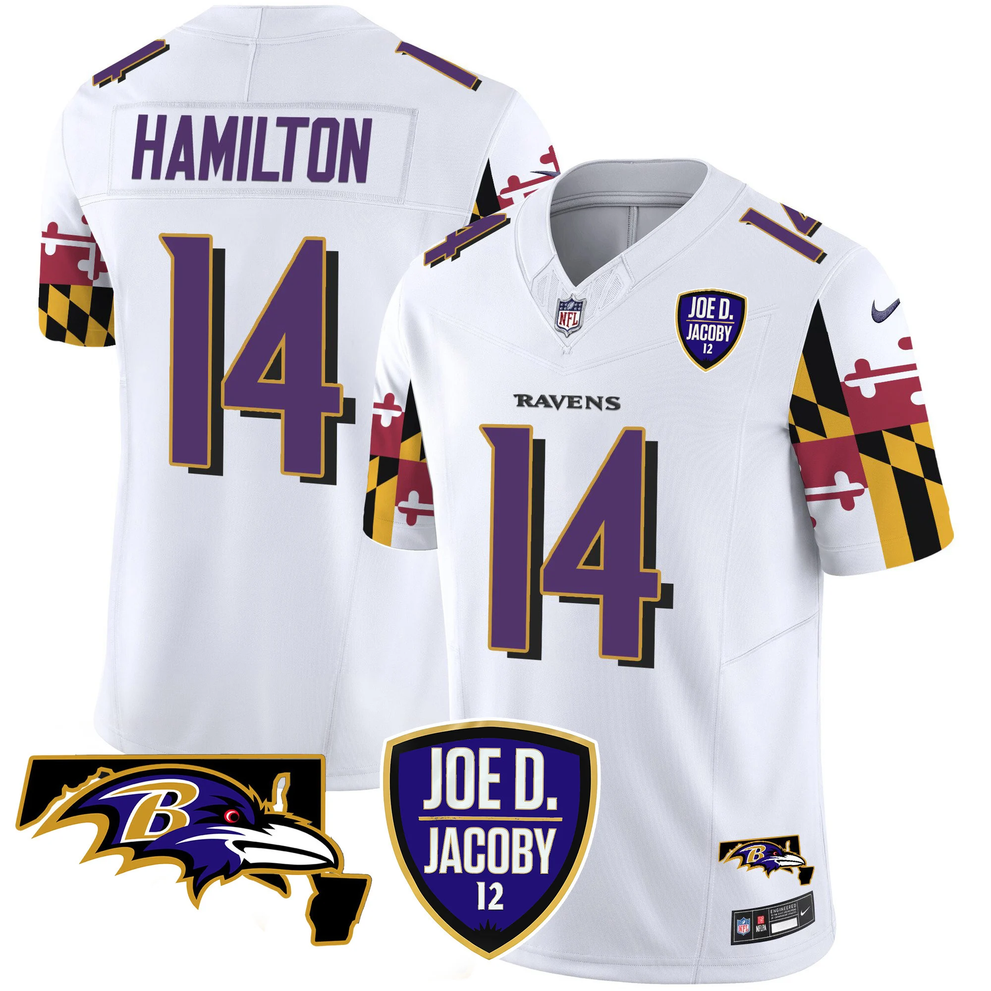 Mens Baltimore Ravens Joe D Jacoby Patch Vapor Limited Jersey V2 Kyle Hamilton Jersey White