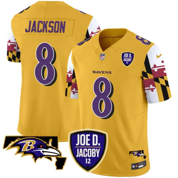 Mens Baltimore Ravens Joe D Jacoby Patch Vapor Limited Jersey V2 Lamar Jackson Jersey Gold