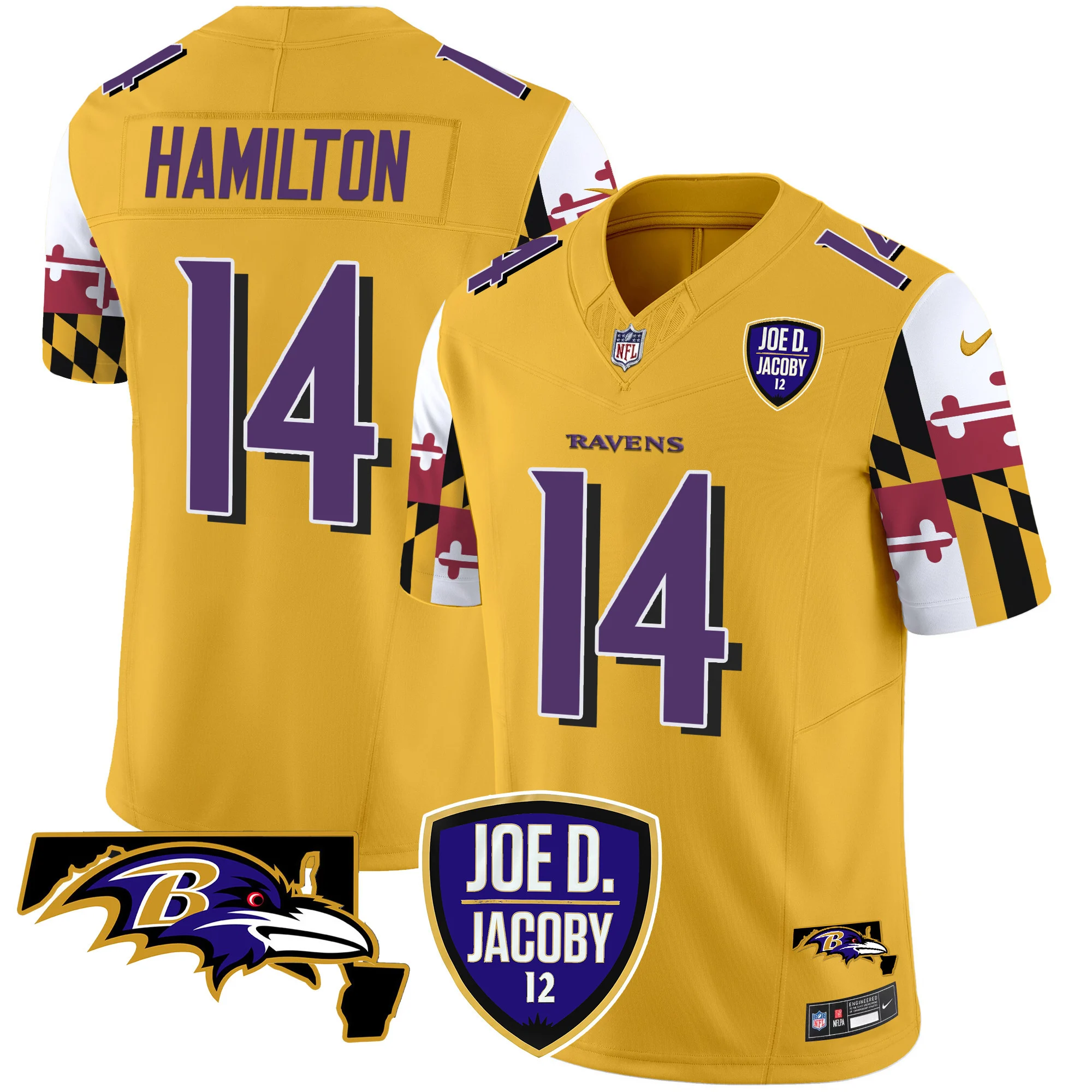 Mens Baltimore Ravens Joe D Jacoby Patch Vapor Limited Jersey V2 Kyle Hamilton Jersey Gold