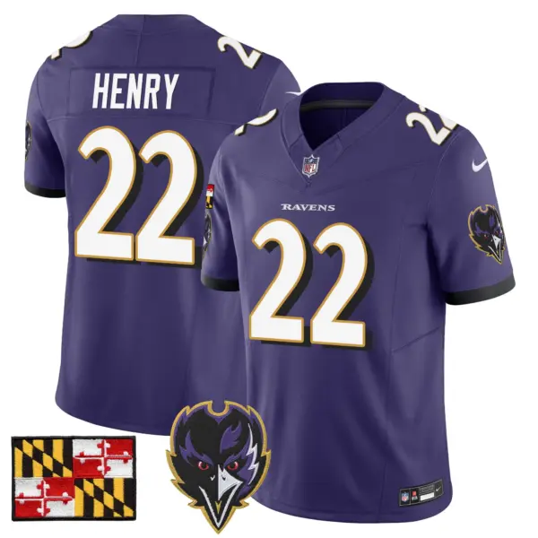 Mens Baltimore Ravens 2024 Maryland Flag Vapor Limited Jersey V2 Derrick Henry Jersey Purple
