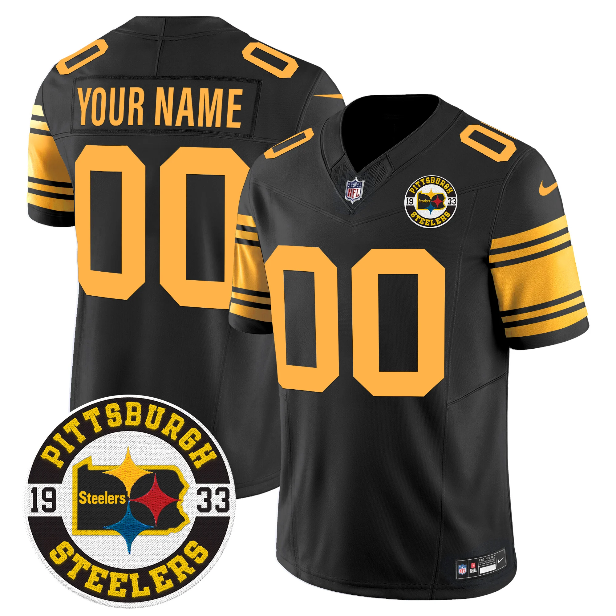 Men’s Pittsburgh Steelers 2024 Vapor Limited Custom Jersey Est 1933 Patch Color Rush