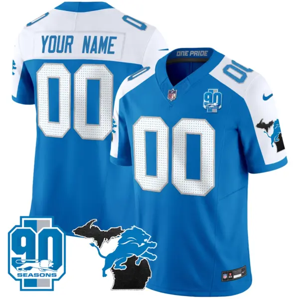 Men’s Detroit Lions 2024 Michigan 90Th Year Patch Vapor Custom Jersey Blue Alternate