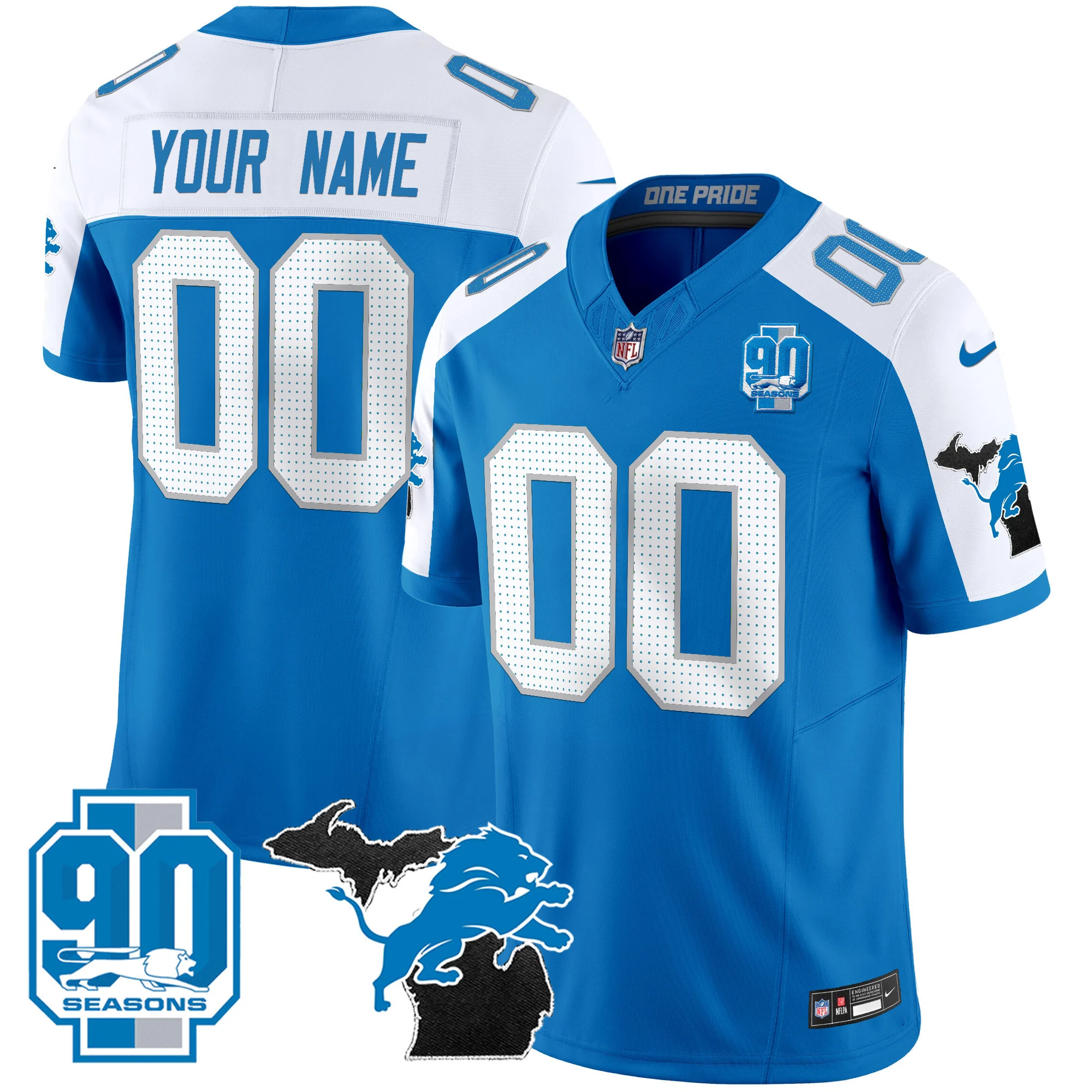 Men’s Detroit Lions 2024 Michigan 90Th Year Patch Vapor Custom Jersey Blue Alternate