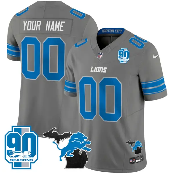Men’s Detroit Lions 2024 Michigan 90Th Year Patch Vapor Custom Jersey Gray