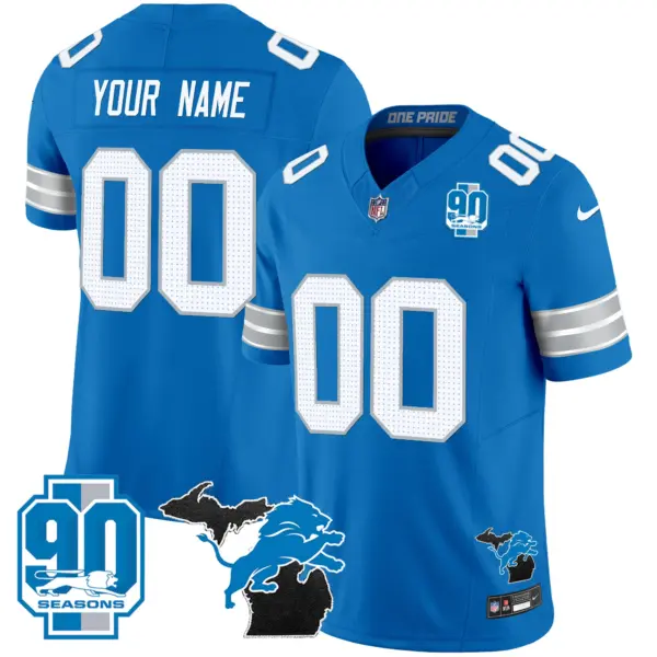 Men’s Detroit Lions 2024 Michigan 90Th Year Patch Vapor Custom Jersey Blue