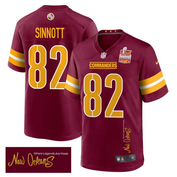 Ben Sinnott 82 Washington Commanders Super Bowl LIX Champions Patch ‘New Orleans – Where Legends Are Made’ EMBROIDERED Game Men Jersey – Burgundy