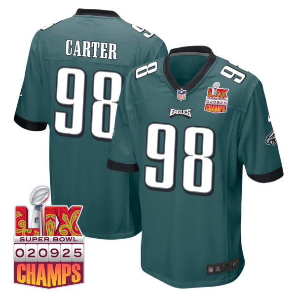 Jalen Carter 98 Philadelphia Eagles Super Bowl LIX Champions Patch Game Men Jersey – Midnight Green
