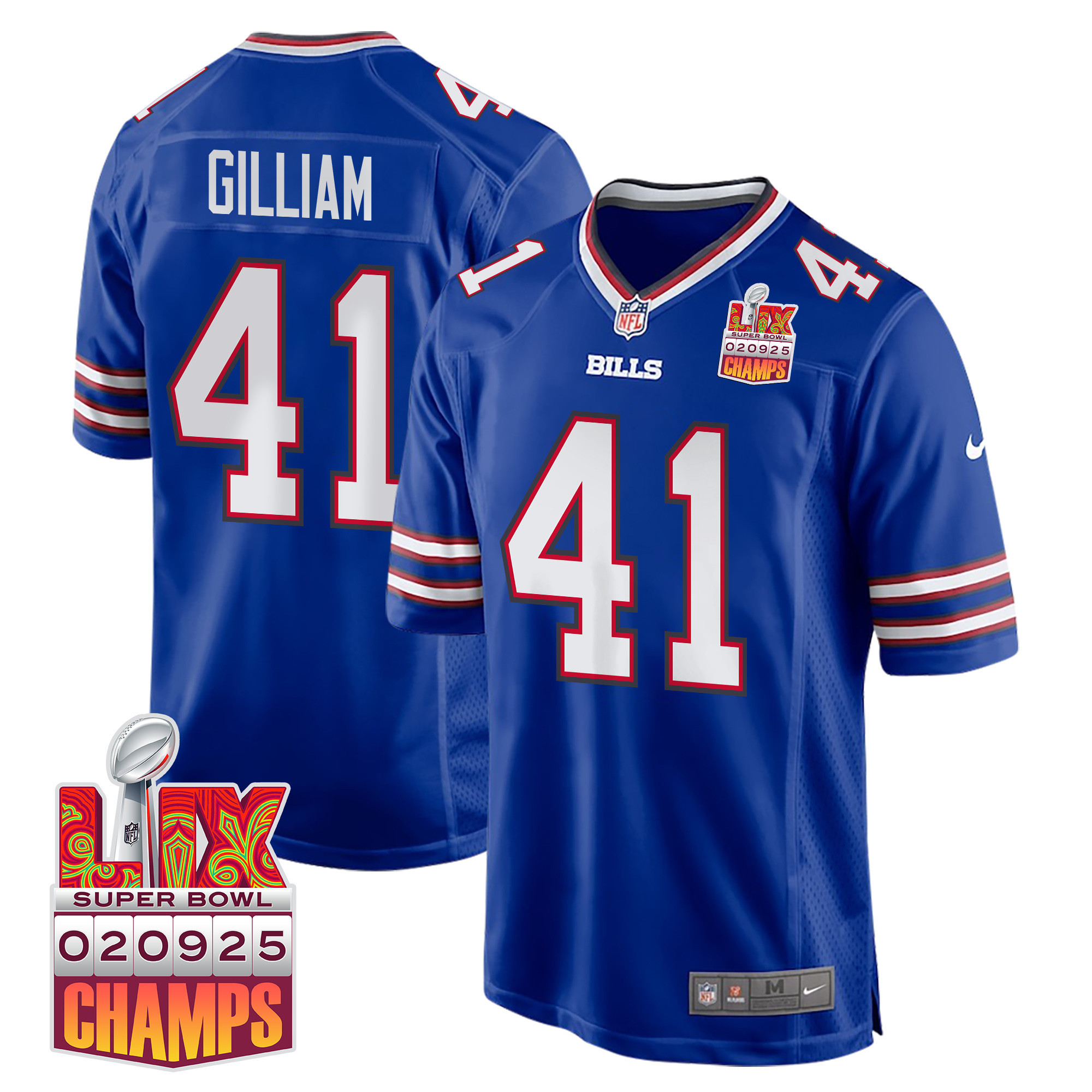 Reggie Gilliam 41 Buffalo Bills Super Bowl LIX Champions Patch Game Men Jersey – Royal