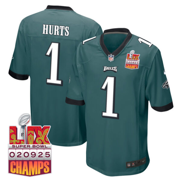 Jalen Hurts 1 Philadelphia Eagles Super Bowl LIX Champions Patch Game Men Jersey – Midnight Green