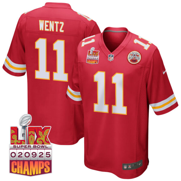 Carson Wentz 11 Kansas City Chiefs Super Bowl LIX Champions Patch Game Men Jersey – Red