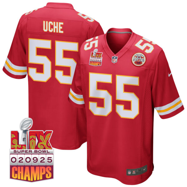 Joshua Uche 55 Kansas City Chiefs Super Bowl LIX Champions Patch Game Men Jersey – Red