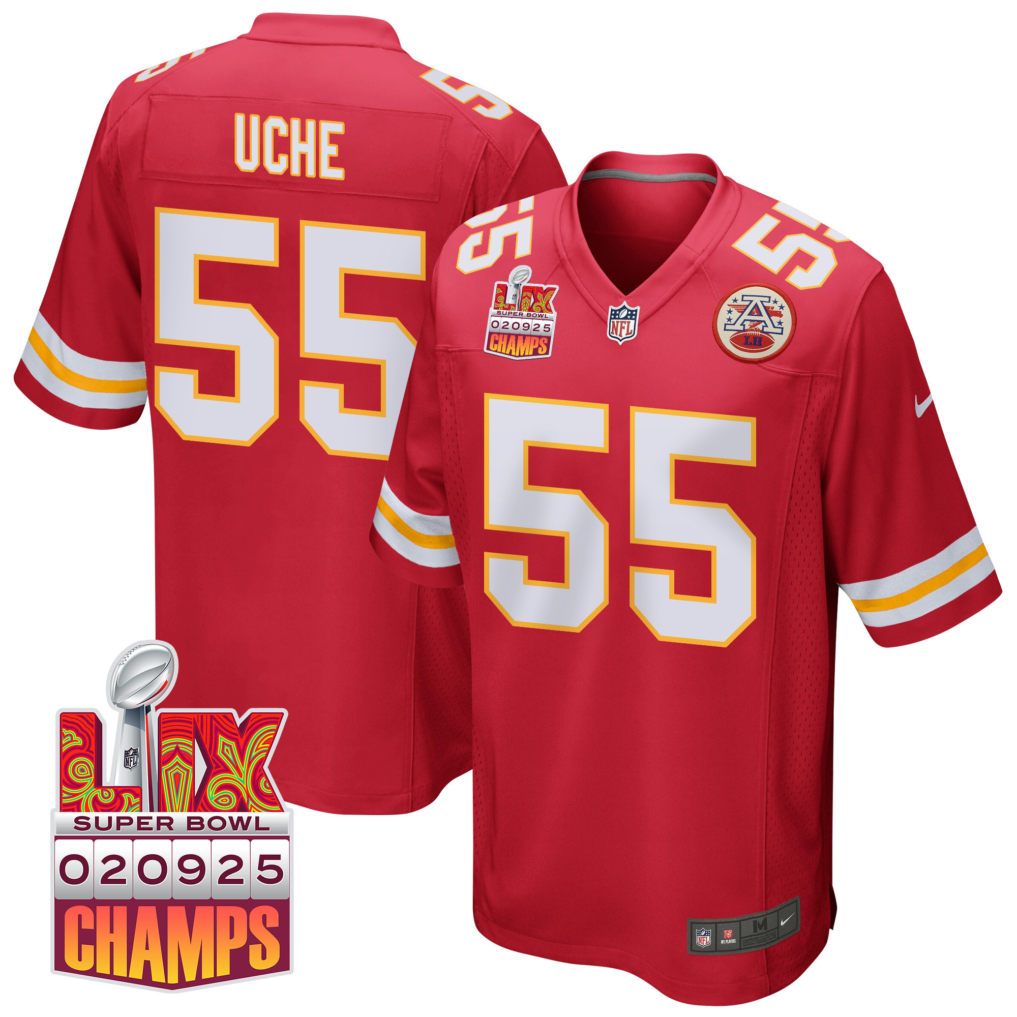 Joshua Uche 55 Kansas City Chiefs Super Bowl LIX Champions Patch Game Men Jersey – Red