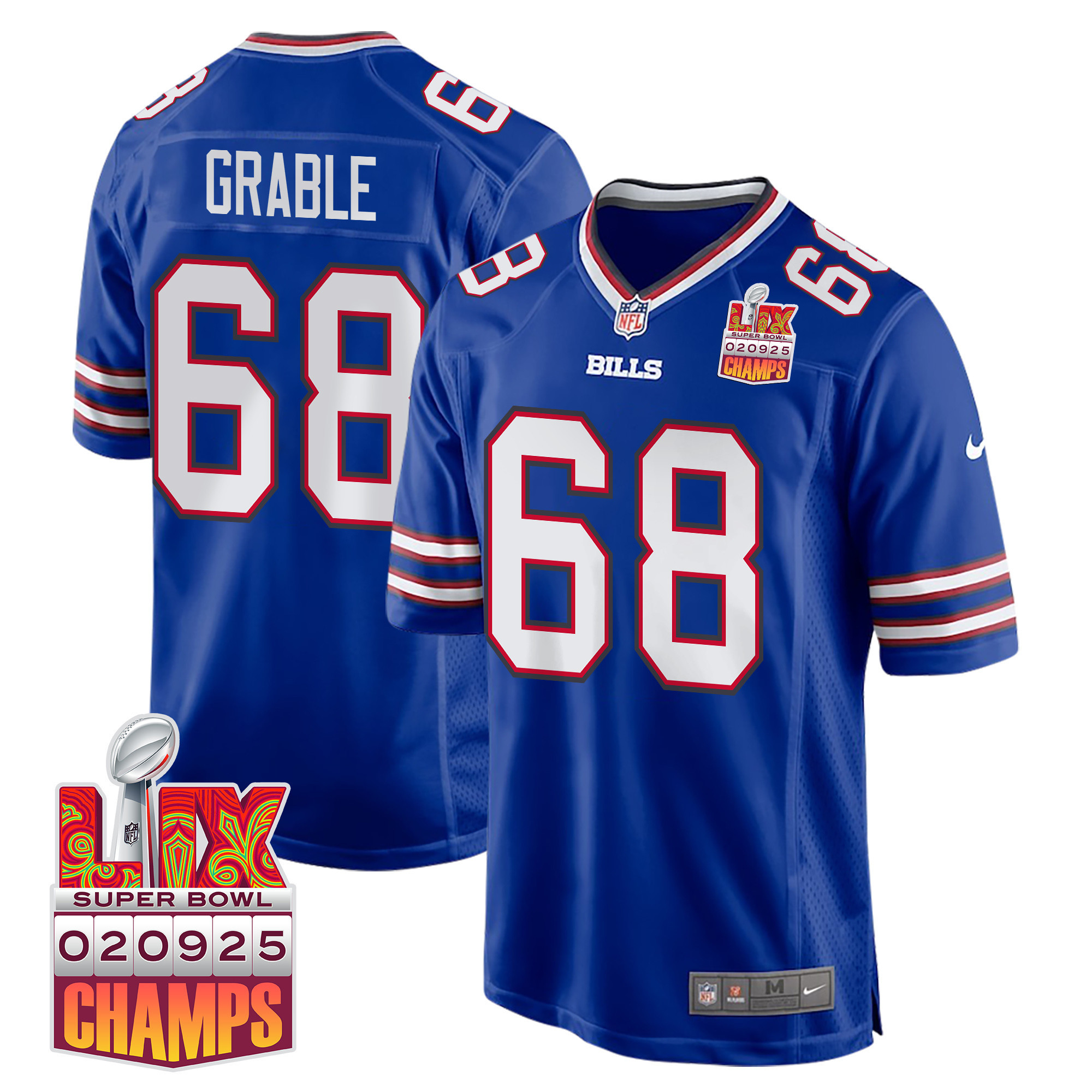 Tylan Grable 68 Buffalo Bills Super Bowl LIX Champions Patch Game Men Jersey – Royal
