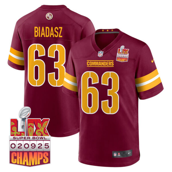 Tyler Biadasz 63 Washington Commanders Super Bowl LIX Champions Patch Game Men Jersey – Burgundy