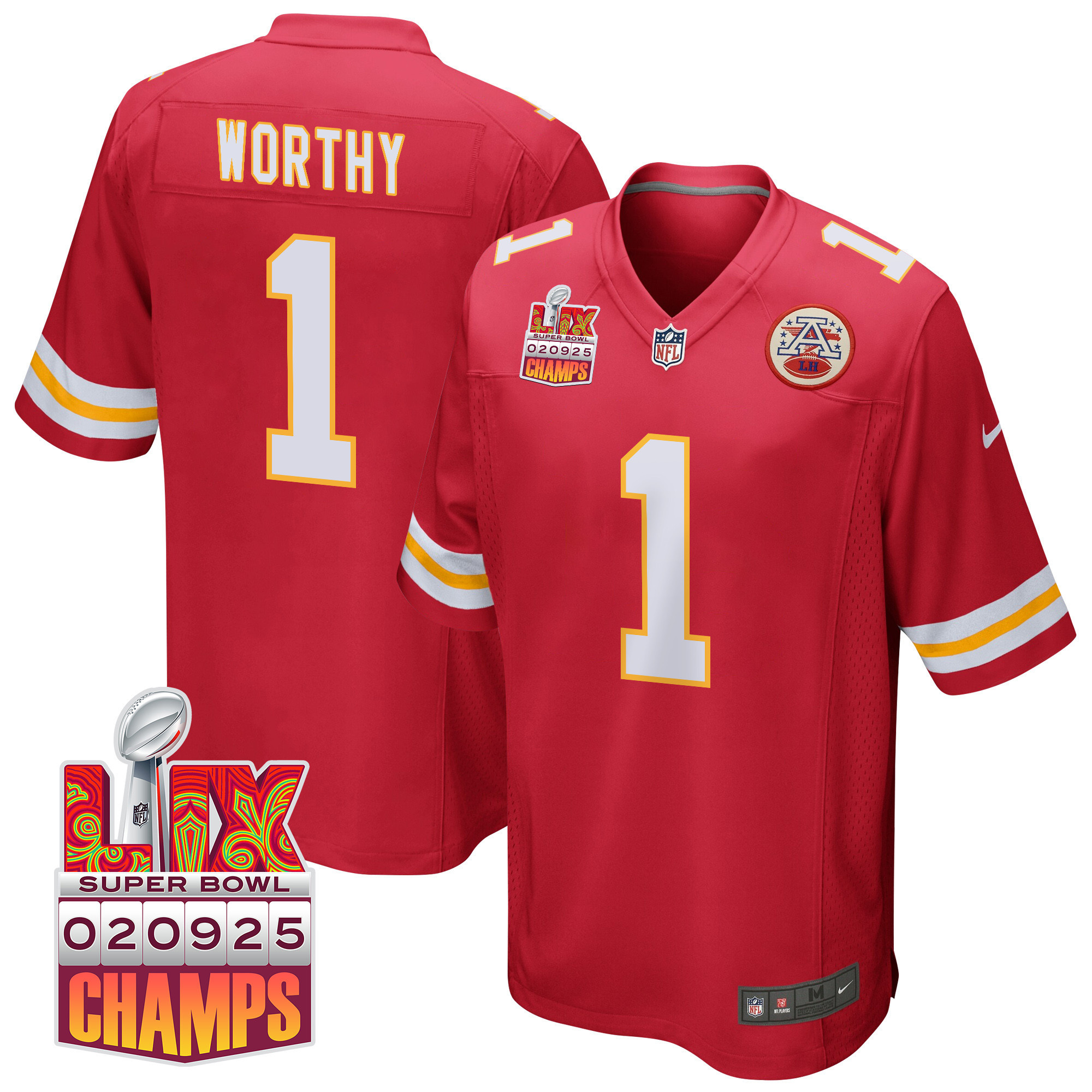Xavier Worthy 1 Kansas City Chiefs Super Bowl LIX Champions Patch Game Men Jersey – Red