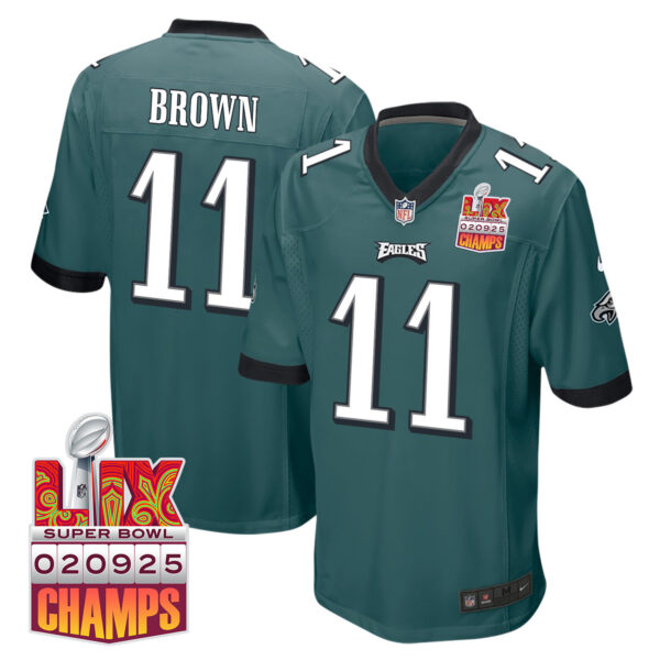 A.J. Brown 11 Philadelphia Eagles Super Bowl LIX Champions Patch Game Men Jersey – Midnight Green