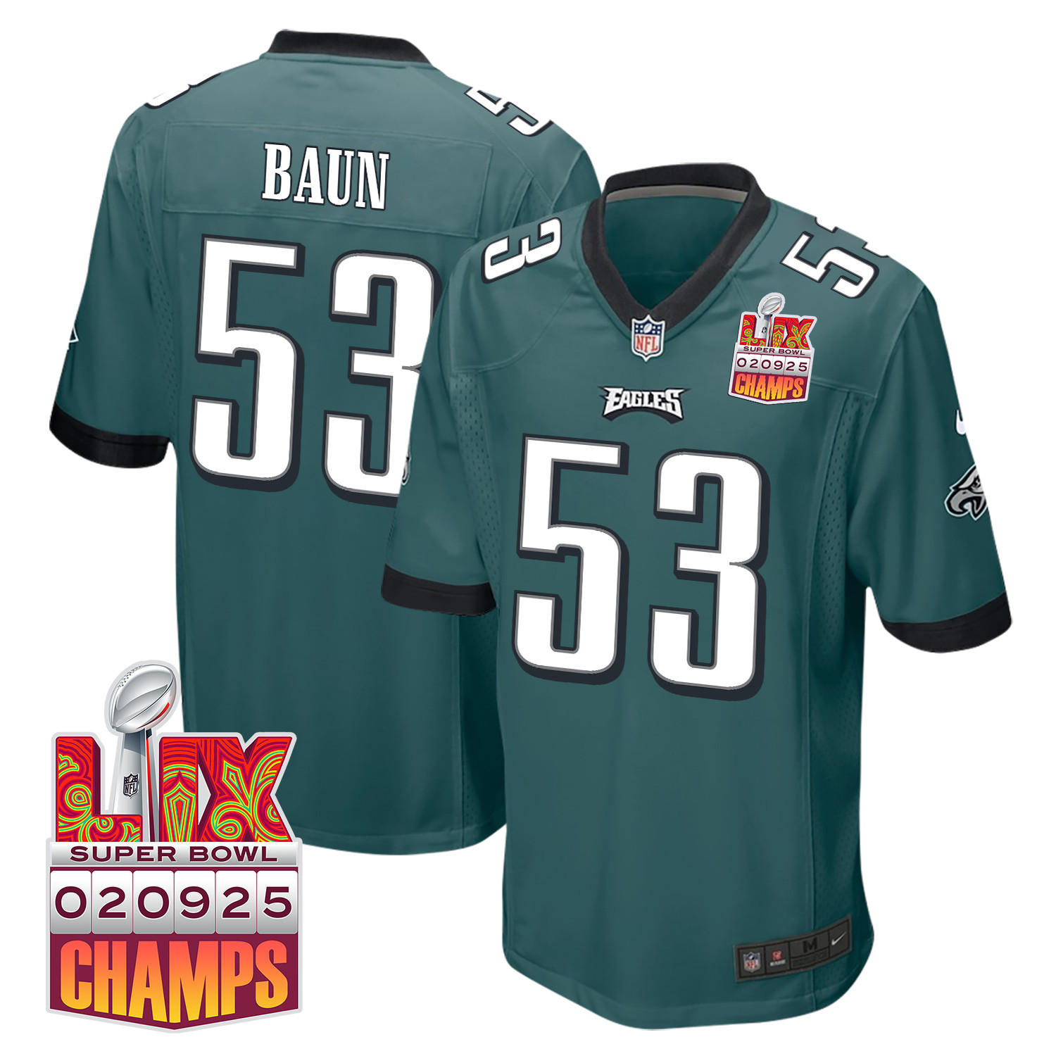Zack Baun 53 Philadelphia Eagles Super Bowl LIX Champions Patch Game Men Jersey – Midnight Green