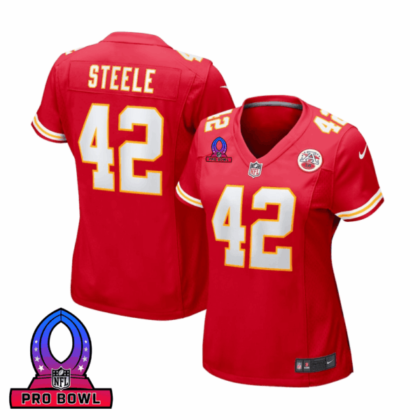 Carson Steele 42 Kansas City Chiefs 2025 Pro Bowl Patch Women Game Jersey – Red