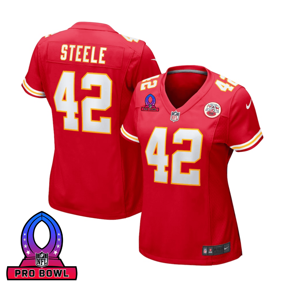 Carson Steele 42 Kansas City Chiefs 2025 Pro Bowl Patch Women Game Jersey – Red
