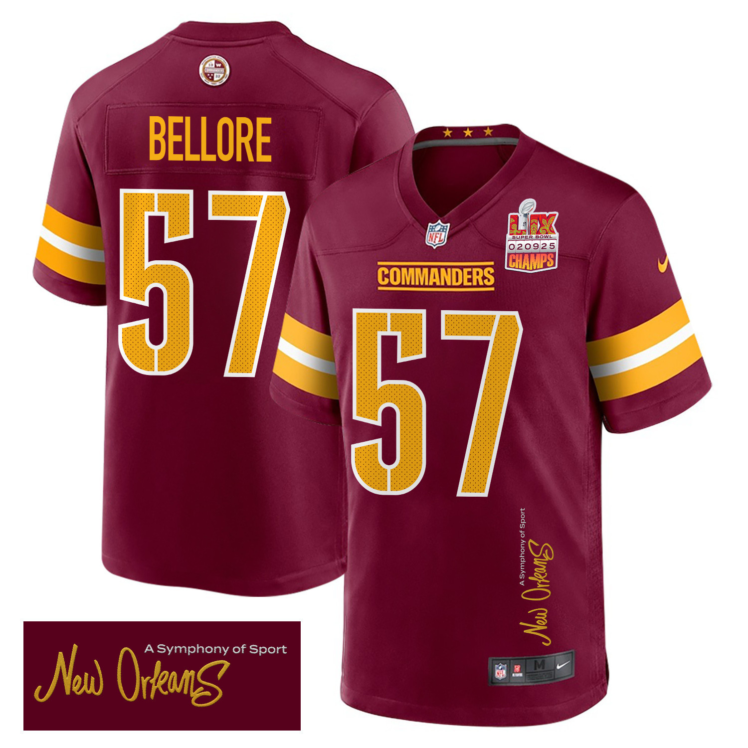 Nick Bellore 57 Washington Commanders Super Bowl LIX Champions Patch ‘New Orleans – A Symphony of Sport’ EMBROIDERED Game Men Jersey – Burgundy