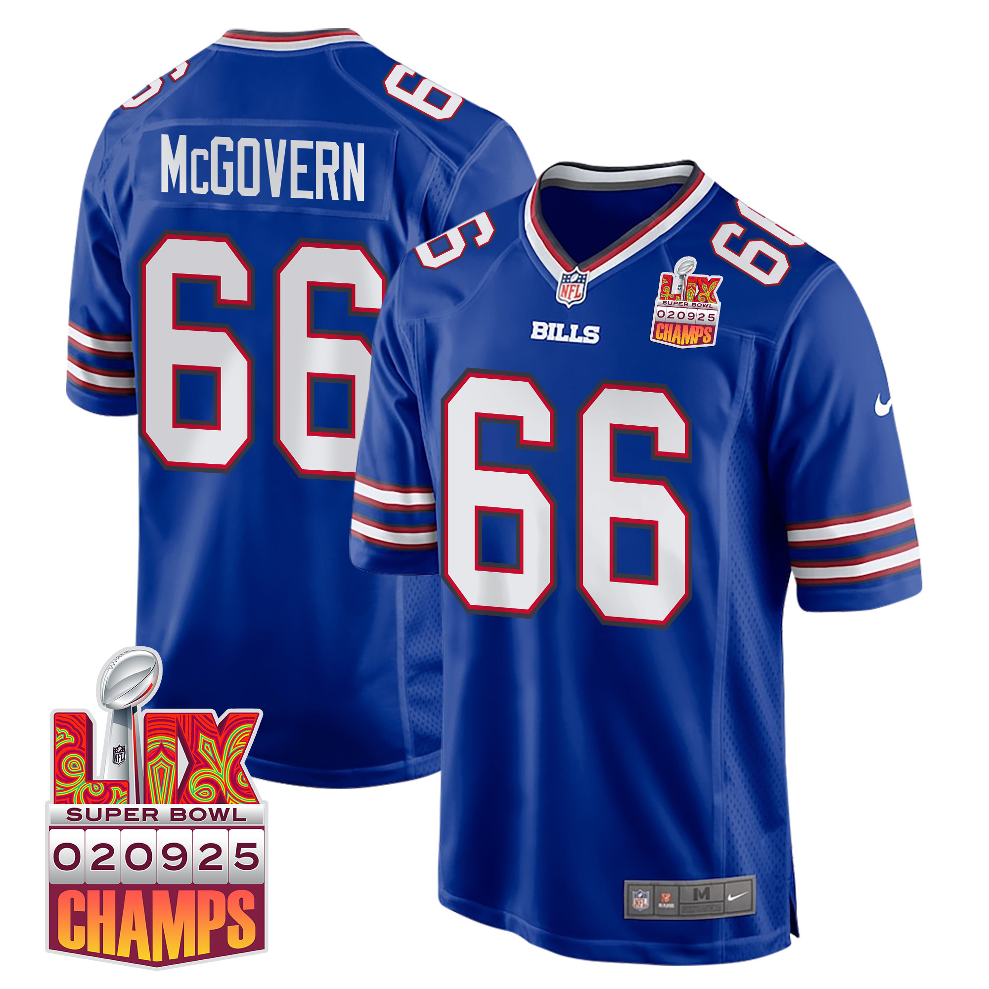 Connor McGovern 66 Buffalo Bills Super Bowl LIX Champions Patch Game Men Jersey – Royal