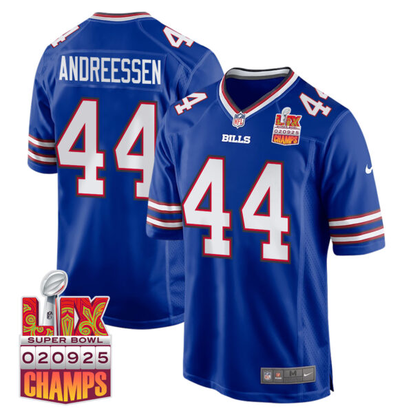 Joe Andreessen 44 Buffalo Bills Super Bowl LIX Champions Patch Game Men Jersey – Royal