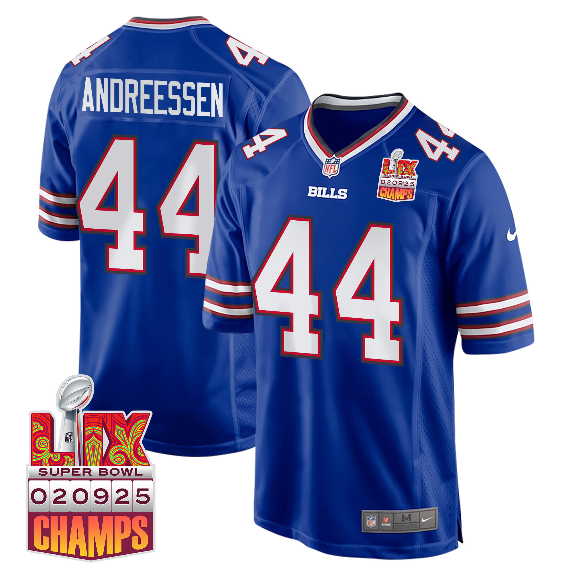 Joe Andreessen 44 Buffalo Bills Super Bowl LIX Champions Patch Game Men Jersey – Royal