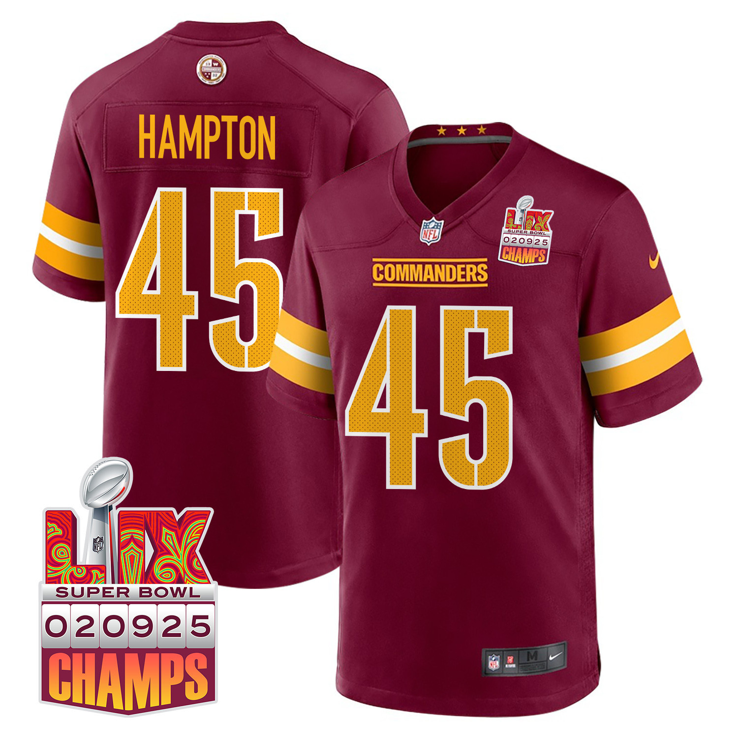 Dominique Hampton 45 Washington Commanders Super Bowl LIX Champions Patch Game Men Jersey – Burgundy