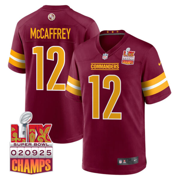Luke McCaffrey 12 Washington Commanders Super Bowl LIX Champions Patch Game Men Jersey – Burgundy