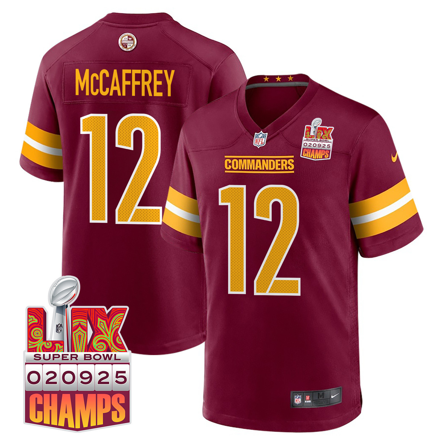Luke McCaffrey 12 Washington Commanders Super Bowl LIX Champions Patch Game Men Jersey – Burgundy