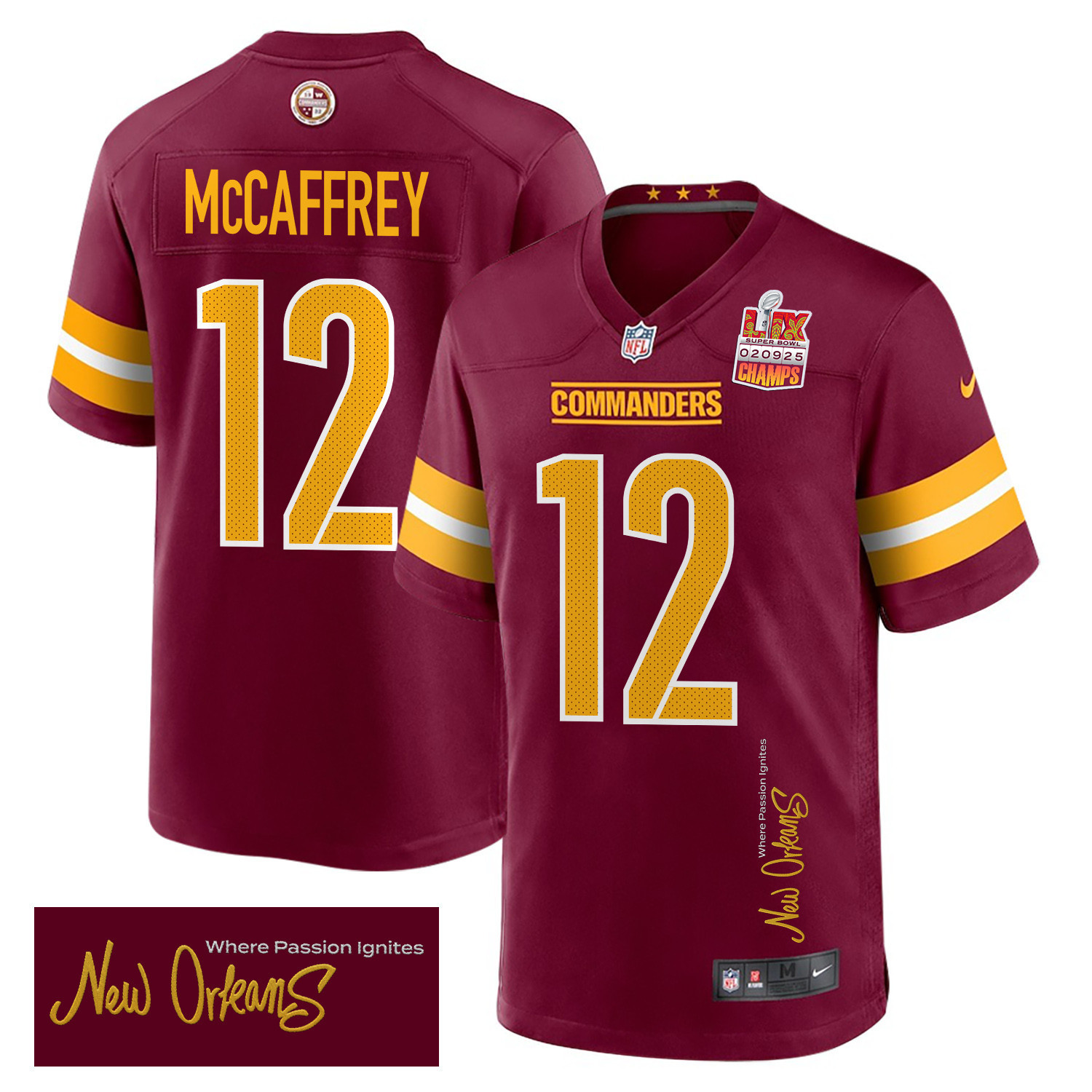 Luke McCaffrey 12 Washington Commanders Super Bowl LIX Champions Patch ‘New Orleans – Where Passion Ignites’ EMBROIDERED Game Men Jersey – Burgundy