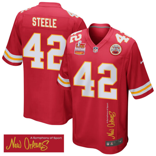 Carson Steele 42 Kansas City Chiefs Super Bowl LIX Champions Patch ‘New Orleans – A Symphony of Sport’ EMBROIDERED Game Men Jersey – Red