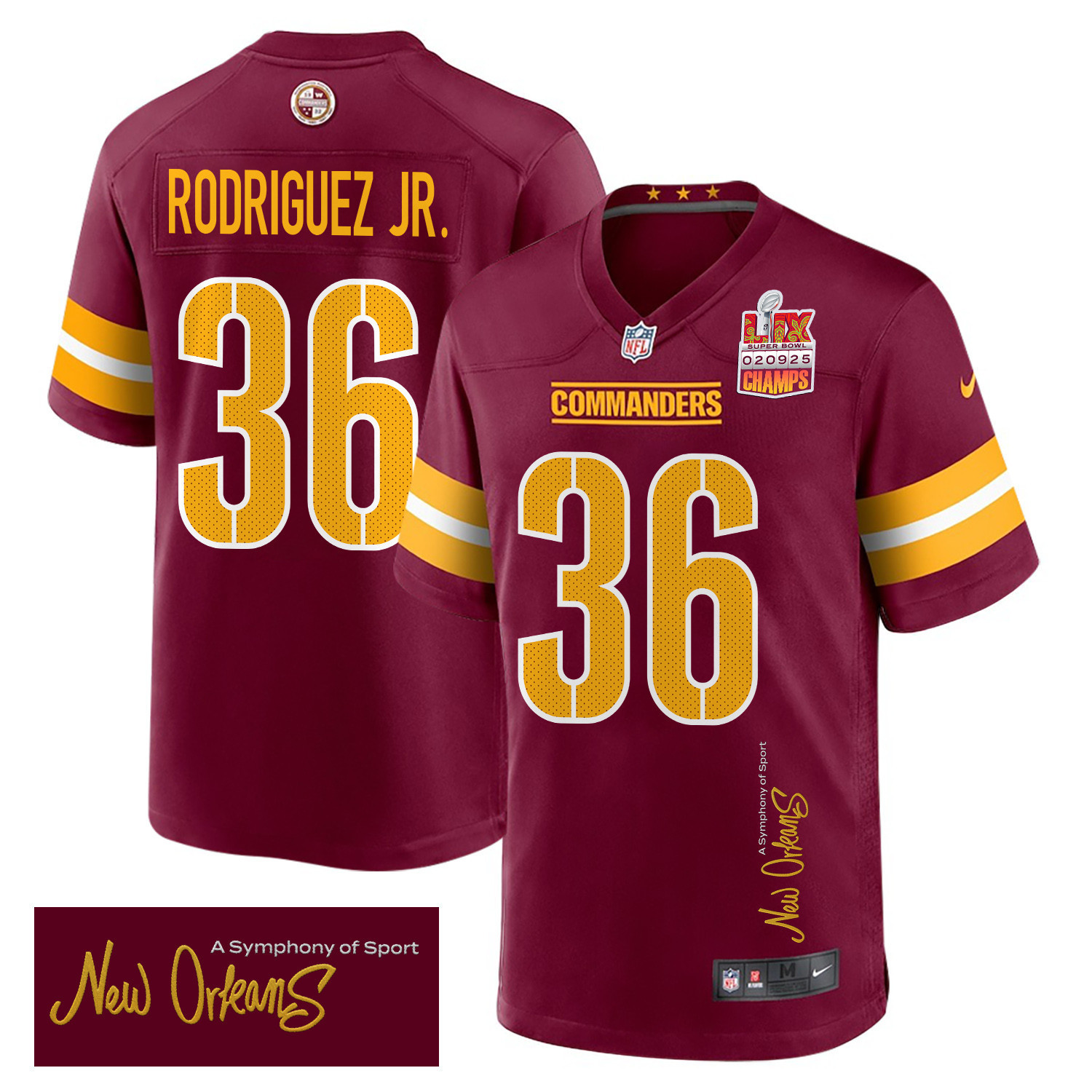 Chris Rodriguez Jr. 36 Washington Commanders Super Bowl LIX Champions Patch ‘New Orleans – A Symphony of Sport’ EMBROIDERED Game Men Jersey – Burgundy
