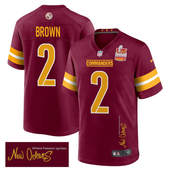 Dyami Brown 2 Washington Commanders Super Bowl LIX Champions Patch ‘New Orleans – Where Passion Ignites’ EMBROIDERED Game Men Jersey – Burgundy